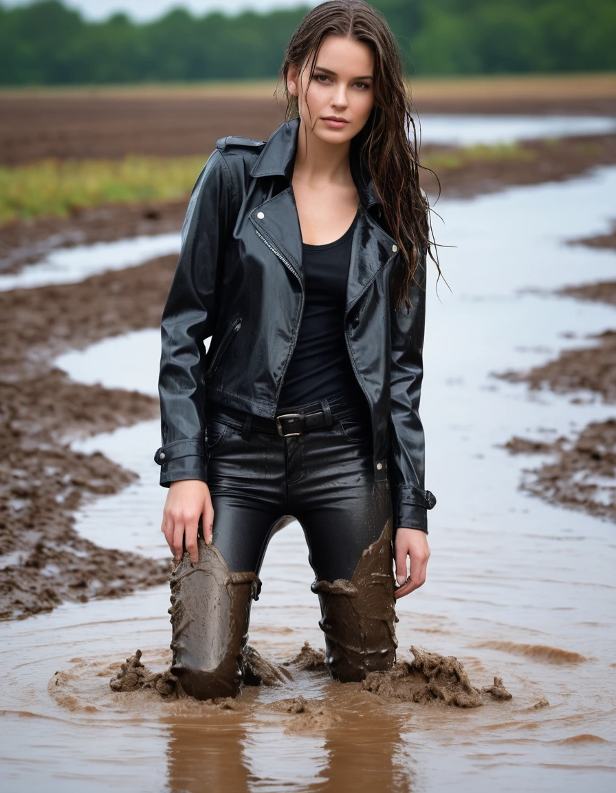 photo of young woman, in soaking wet, drenched clothes,
Muddy black leather knee-high high heeled boots, skin tight black leather jeans, black silk long sleeve leather shirt, black bikers leather jacket, black leather trench coat, lying in a mud river, water up to waist, very muddy shirts, super close up, 
enjoying, wet clothes stuck to body,
detailed textures of the wet clothes, wet face, wet plastered hair,
wet, drenched, professional, high-quality details, full body view.
sharp focus, ultra-high pixel detail, realistic, high-quality, full colors, incredibly detailed, 4k, 8k, 16k, hyper-realistic, RAW photo, masterpiece, ultra-detailed, professionally color graded, professional photograph, white woman, long dripping wet brown hair
