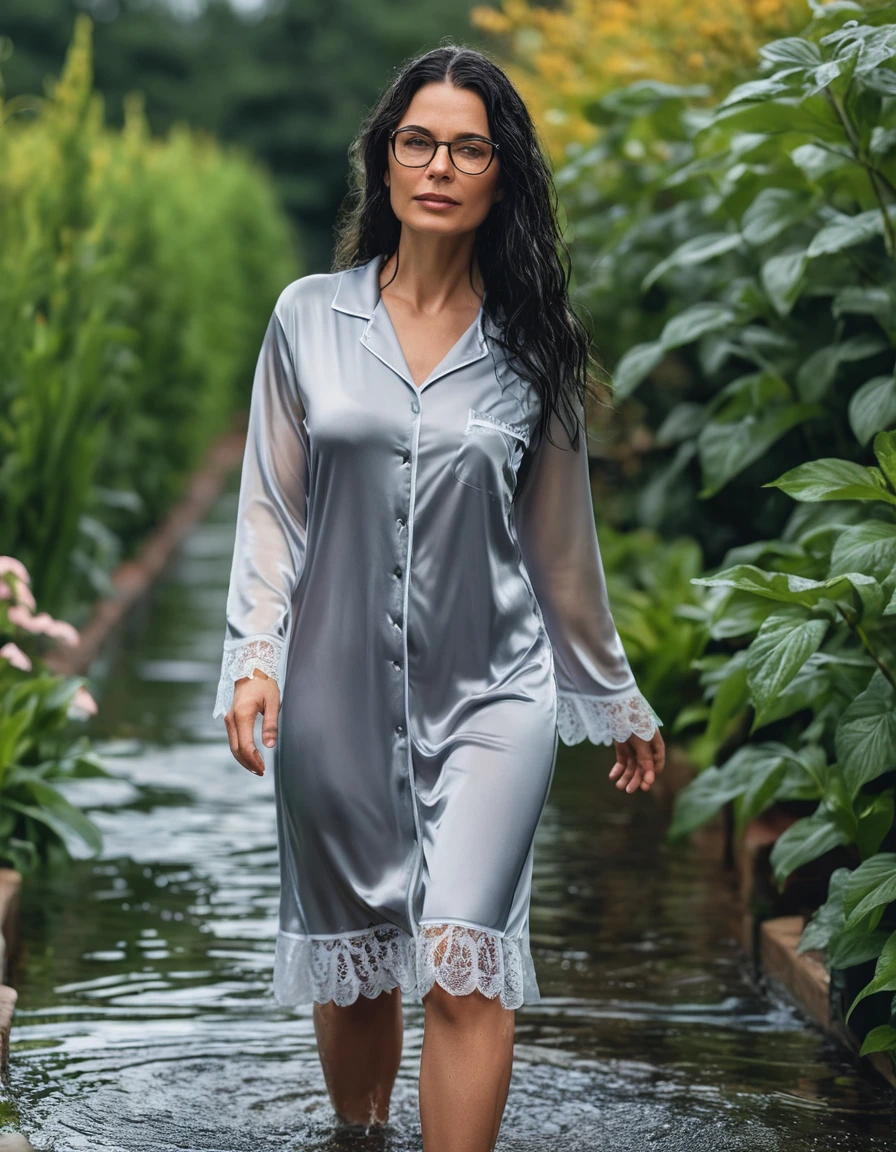 photo of young woman, in soaking wet, drenched clothes,
Sport shoes , midi tight light gray silk lace pijama dress, midi tight light gray silk lace pijama dress, walking in garden, 
enjoying, wet clothes stuck to body,
detailed textures of the wet clothes, wet face, wet plastered hair,
wet, drenched, professional, high-quality details, full body view.
sharp focus, ultra-high pixel detail, realistic, high-quality, full colors, incredibly detailed, 4k, 8k, 16k, hyper-realistic, RAW photo, masterpiece, ultra-detailed, professionally color graded, professional photograph, woman 51 years old, long black hair, very big and thick lips, office glasses, complete body, open mouth