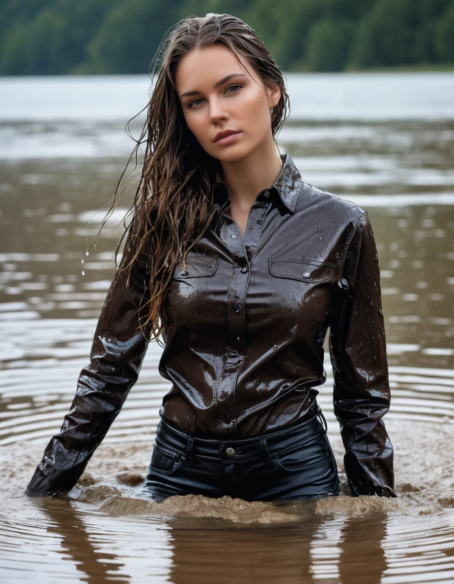 photo of young woman, in soaking wet, drenched clothes,
Muddy black leather knee-high high heeled boots, skin tight black leather jeans, black silk long sleeve leather shirt, Clear Mountain lake with heavy rain, laying submerged in the water, super close up, 
enjoying, wet clothes stuck to body,
detailed textures of the wet clothes, wet face, wet plastered hair,
wet, drenched, professional, high-quality details, full body view.
sharp focus, ultra-high pixel detail, realistic, high-quality, full colors, incredibly detailed, 4k, 8k, 16k, hyper-realistic, RAW photo, masterpiece, ultra-detailed, professionally color graded, professional photograph, white woman, long dripping wet brown hair