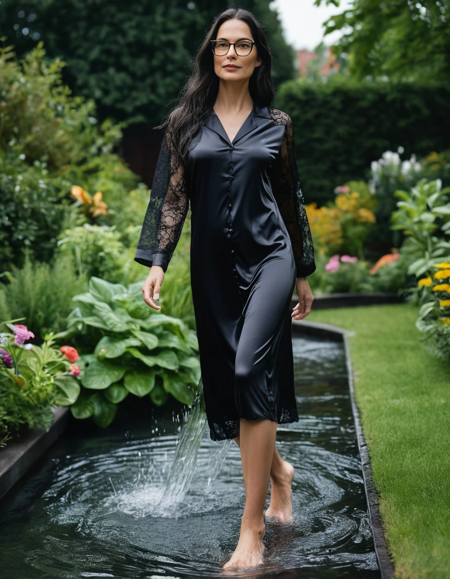 photo of young woman, in soaking wet, drenched clothes,
Sport shoes , midi tight black silk lace pijama dress, midi tight black gray silk lace pijama dress, walking in garden, 
enjoying, wet clothes stuck to body,
detailed textures of the wet clothes, wet face, wet plastered hair,
wet, drenched, professional, high-quality details, full body view.
sharp focus, ultra-high pixel detail, realistic, high-quality, full colors, incredibly detailed, 4k, 8k, 16k, hyper-realistic, RAW photo, masterpiece, ultra-detailed, professionally color graded, professional photograph, woman 51 years old, long black hair, very big and thick lips, office glasses, complete body, open mouth