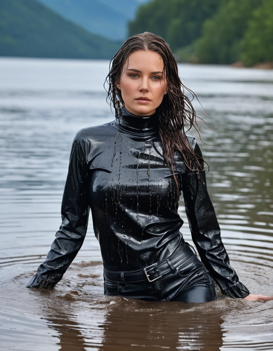 photo of young woman, in soaking wet, drenched clothes,
Muddy black leather knee-high high heeled boots, skin tight black leather jeans, black silk long sleeve polar neck shirt, Clear Mountain lake with heavy rain, laying submerged in the water, super close up, 
enjoying, wet clothes stuck to body,
detailed textures of the wet clothes, wet face, wet plastered hair,
wet, drenched, professional, high-quality details, full body view.
sharp focus, ultra-high pixel detail, realistic, high-quality, full colors, incredibly detailed, 4k, 8k, 16k, hyper-realistic, RAW photo, masterpiece, ultra-detailed, professionally color graded, professional photograph, white woman, long dripping wet brown hair