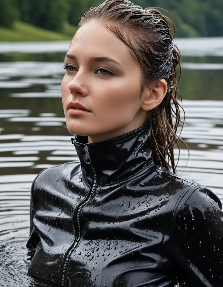 photo of young woman, in soaking wet, drenched clothes,
Muddy black leather knee-high high heeled boots, skin tight black leather jeans, black silk long sleeve polar neck shirt, black leather trench coat, Clear Mountain lake with heavy rain, laying submerged in the water, super close up, 
enjoying, wet clothes stuck to body,
detailed textures of the wet clothes, wet face, wet plastered hair,
wet, drenched, professional, high-quality details, full body view.
sharp focus, ultra-high pixel detail, realistic, high-quality, full colors, incredibly detailed, 4k, 8k, 16k, hyper-realistic, RAW photo, masterpiece, ultra-detailed, professionally color graded, professional photograph, white woman, long dripping wet brown hair