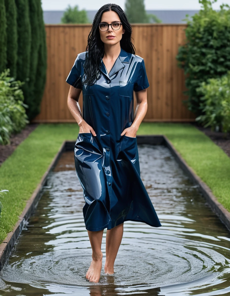photo of young woman, in soaking wet, drenched clothes,
slippers, midi tight dark blue medical dress with pockets, midi tight dark blue medical dress with pockets, walking in garden submerged in deep water under sprinklers, 
enjoying, wet clothes stuck to body,
detailed textures of the wet clothes, wet face, wet plastered hair,
wet, drenched, professional, high-quality details, full body view.
sharp focus, ultra-high pixel detail, realistic, high-quality, full colors, incredibly detailed, 4k, 8k, 16k, hyper-realistic, RAW photo, masterpiece, ultra-detailed, professionally color graded, professional photograph, woman 51 years old, long black hair, very big and thick lips, office glasses, complete body, open mouth