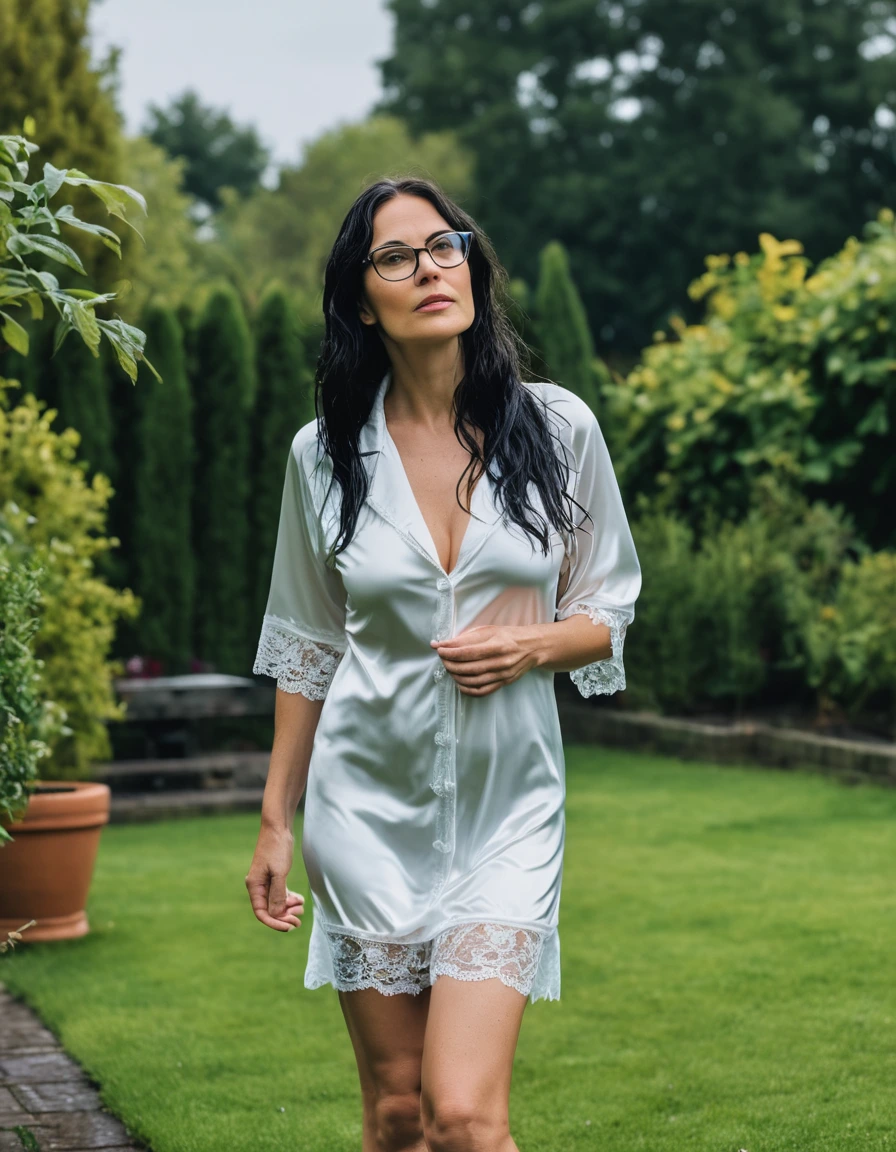photo of young woman, in soaking wet, drenched clothes,
slippers, midi tight white silk lace pijama dress, midi tight white silk lace pijama dress, walking in garden, 
enjoying, wet clothes stuck to body,
detailed textures of the wet clothes, wet face, wet plastered hair,
wet, drenched, professional, high-quality details, full body view.
sharp focus, ultra-high pixel detail, realistic, high-quality, full colors, incredibly detailed, 4k, 8k, 16k, hyper-realistic, RAW photo, masterpiece, ultra-detailed, professionally color graded, professional photograph, woman 51 years old, long black hair, very big and thick lips, office glasses, complete body, open mouth