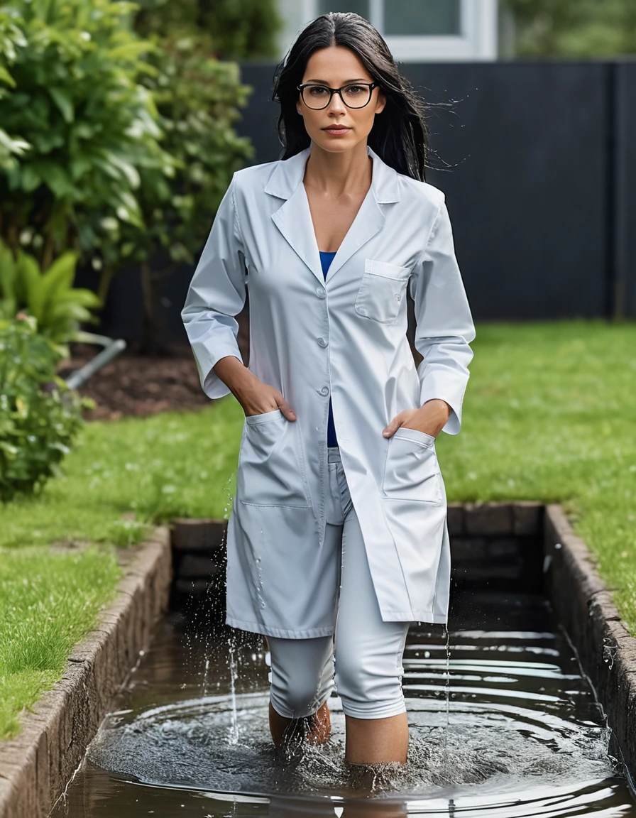 photo of young woman, in soaking wet, drenched clothes,
slippers, long tight white leather jeans, midi tight white medical labcoat with pockets, walking in garden submerged in deep water under sprinklers, 
enjoying, wet clothes stuck to body,
detailed textures of the wet clothes, wet face, wet plastered hair,
wet, drenched, professional, high-quality details, full body view.
sharp focus, ultra-high pixel detail, realistic, high-quality, full colors, incredibly detailed, 4k, 8k, 16k, hyper-realistic, RAW photo, masterpiece, ultra-detailed, professionally color graded, professional photograph, woman 51 years old, long black hair, very big and thick lips, office glasses, complete body, open mouth