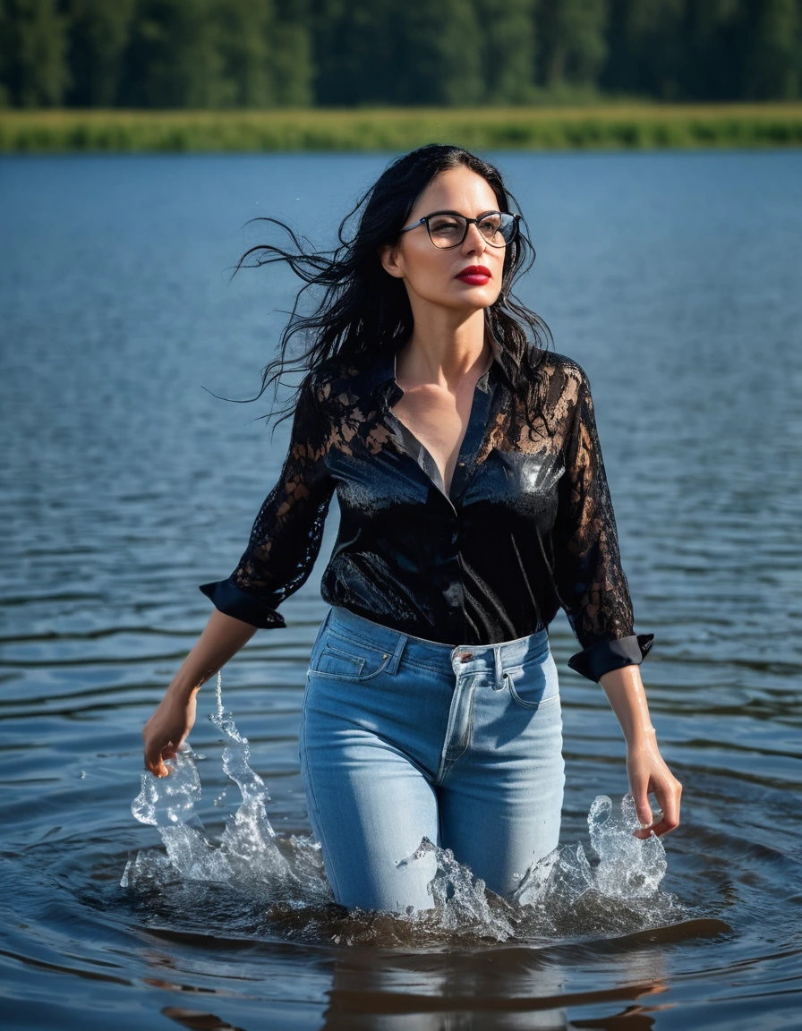 photo of young woman, in soaking wet, drenched clothes,
office shoes , long light blue jeans, black silk lace shirt, walking submerged in sunny deep lake, 
enjoying, wet clothes stuck to body,
detailed textures of the wet clothes, wet face, wet plastered hair,
wet, drenched, professional, high-quality details, full body view.
sharp focus, ultra-high pixel detail, realistic, high-quality, full colors, incredibly detailed, 4k, 8k, 16k, hyper-realistic, RAW photo, masterpiece, ultra-detailed, professionally color graded, professional photograph, woman 51 years old, long black hair, very big and thick lips, office glasses, complete body, open mouth