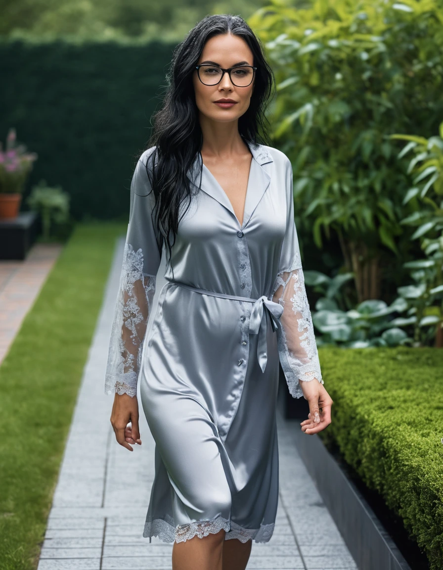photo of young woman, in soaking wet, drenched clothes,
slippers, midi tight light gray silk lace pijama dress, midi tight light gray silk lace pijama dress, walking in garden, 
enjoying, wet clothes stuck to body,
detailed textures of the wet clothes, wet face, wet plastered hair,
wet, drenched, professional, high-quality details, full body view.
sharp focus, ultra-high pixel detail, realistic, high-quality, full colors, incredibly detailed, 4k, 8k, 16k, hyper-realistic, RAW photo, masterpiece, ultra-detailed, professionally color graded, professional photograph, woman 51 years old, long black hair, very big and thick lips, office glasses, complete body, open mouth