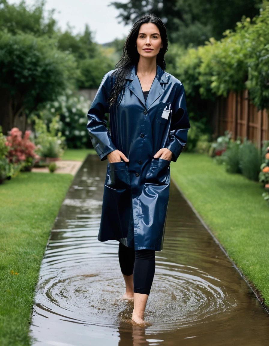 photo of young woman, in soaking wet, drenched clothes,
slippers, midi tight dark blue medical labcoat with pockets, midi tight dark blue medical labcoat with pockets, walking in garden submerged in deep water under sprinklers, 
enjoying, wet clothes stuck to body,
detailed textures of the wet clothes, wet face, wet plastered hair,
wet, drenched, professional, high-quality details, full body view.
sharp focus, ultra-high pixel detail, realistic, high-quality, full colors, incredibly detailed, 4k, 8k, 16k, hyper-realistic, RAW photo, masterpiece, ultra-detailed, professionally color graded, professional photograph, woman 51 years old, long black hair, very big and thick lips, office glasses, complete body, open mouth