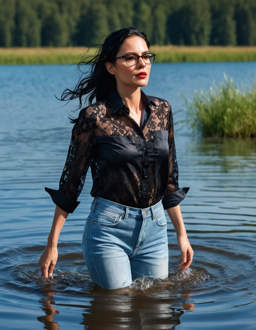 photo of young woman, in soaking wet, drenched clothes,
office shoes , long light blue jeans, black silk lace shirt, walking submerged in sunny deep lake, 
enjoying, wet clothes stuck to body,
detailed textures of the wet clothes, wet face, wet plastered hair,
wet, drenched, professional, high-quality details, full body view.
sharp focus, ultra-high pixel detail, realistic, high-quality, full colors, incredibly detailed, 4k, 8k, 16k, hyper-realistic, RAW photo, masterpiece, ultra-detailed, professionally color graded, professional photograph, woman 51 years old, long black hair, very big and thick lips, office glasses, complete body, open mouth
