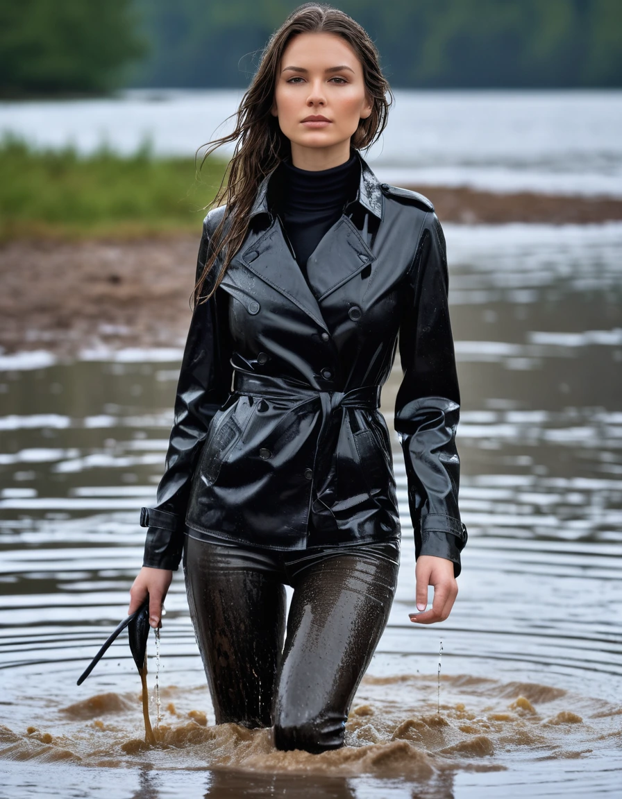 photo of young woman, in soaking wet, drenched clothes,
Muddy black leather knee-high high heeled boots, skin tight black leather jeans, black silk long sleeve polar neck shirt, black leather trench coat, Clear Mountain lake with heavy rain, super close up, 
enjoying, wet clothes stuck to body,
detailed textures of the wet clothes, wet face, wet plastered hair,
wet, drenched, professional, high-quality details, full body view.
sharp focus, ultra-high pixel detail, realistic, high-quality, full colors, incredibly detailed, 4k, 8k, 16k, hyper-realistic, RAW photo, masterpiece, ultra-detailed, professionally color graded, professional photograph, white woman, long dripping wet brown hair