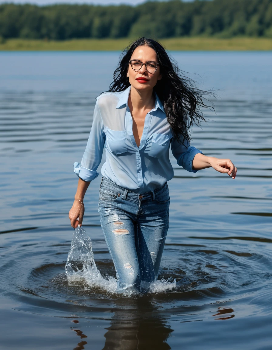 photo of young woman, in soaking wet, drenched clothes,
office shoes , long light blue jeans, light blue silk lace jeans shirt, walking submerged in sunny deep lake, 
enjoying, wet clothes stuck to body,
detailed textures of the wet clothes, wet face, wet plastered hair,
wet, drenched, professional, high-quality details, full body view.
sharp focus, ultra-high pixel detail, realistic, high-quality, full colors, incredibly detailed, 4k, 8k, 16k, hyper-realistic, RAW photo, masterpiece, ultra-detailed, professionally color graded, professional photograph, woman 51 years old, long black hair, very big and thick lips, office glasses, complete body, open mouth