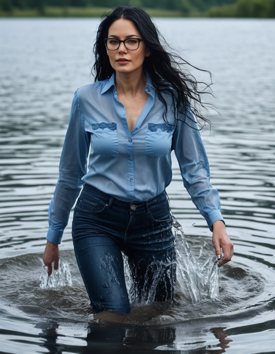 photo of young woman, in soaking wet, drenched clothes,
office shoes , long light blue tight jeans, dark blue silk lace jeans shirt, walking submerged in sunny deep lake, 
enjoying, wet clothes stuck to body,
detailed textures of the wet clothes, wet face, wet plastered hair,
wet, drenched, professional, high-quality details, full body view.
sharp focus, ultra-high pixel detail, realistic, high-quality, full colors, incredibly detailed, 4k, 8k, 16k, hyper-realistic, RAW photo, masterpiece, ultra-detailed, professionally color graded, professional photograph, woman 51 years old, long black hair, very big and thick lips, office glasses, complete body, open mouth