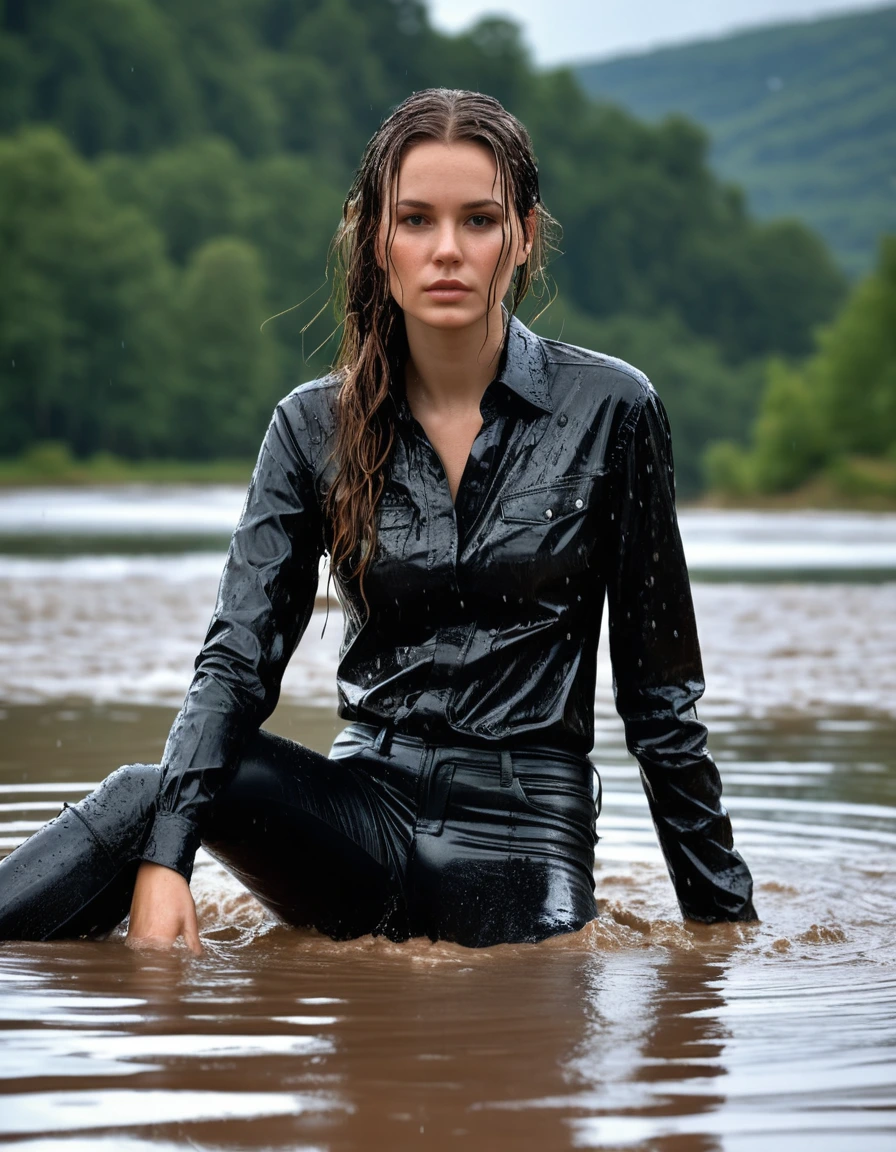 photo of young woman, in soaking wet, drenched clothes,
Muddy black leather knee-high high heeled boots, skin tight black leather jeans, black silk long sleeve leather shirt, Clear Mountain lake with heavy rain, laying submerged in the water, super close up, 
enjoying, wet clothes stuck to body,
detailed textures of the wet clothes, wet face, wet plastered hair,
wet, drenched, professional, high-quality details, full body view.
sharp focus, ultra-high pixel detail, realistic, high-quality, full colors, incredibly detailed, 4k, 8k, 16k, hyper-realistic, RAW photo, masterpiece, ultra-detailed, professionally color graded, professional photograph, white woman, long dripping wet brown hair