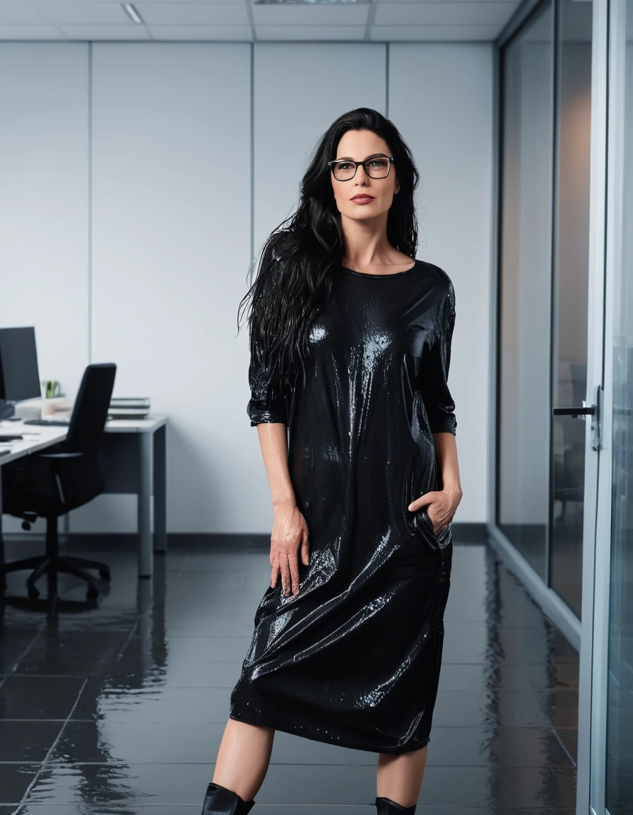 photo of young woman, in soaking wet, drenched clothes,
office shoes , long black t-shirt dress, long black t-shirt dress, walking in the office, 
enjoying, wet clothes stuck to body,
detailed textures of the wet clothes, wet face, wet plastered hair,
wet, drenched, professional, high-quality details, full body view.
sharp focus, ultra-high pixel detail, realistic, high-quality, full colors, incredibly detailed, 4k, 8k, 16k, hyper-realistic, RAW photo, masterpiece, ultra-detailed, professionally color graded, professional photograph, woman 51 years old, long black hair, very big and thick lips, office glasses, complete body, open mouth