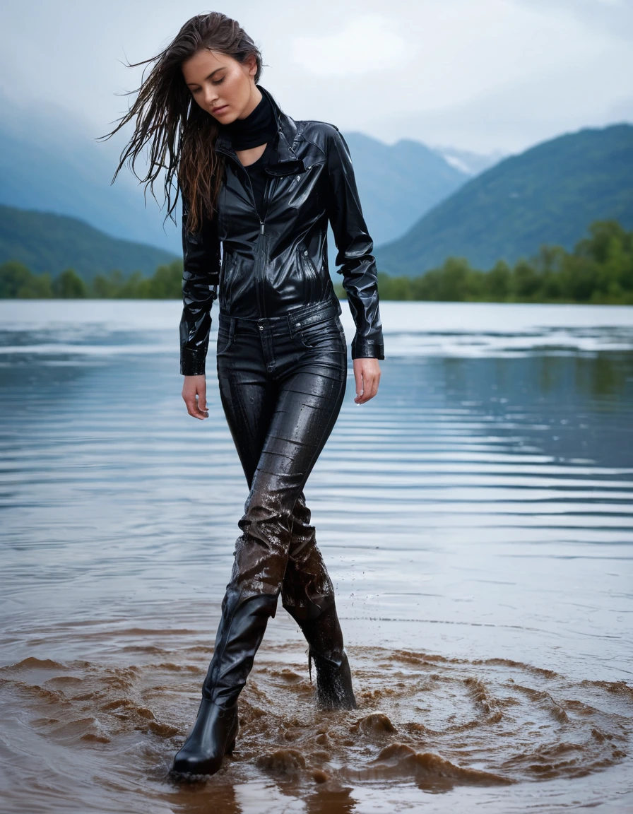 photo of young woman, in soaking wet, drenched clothes,
Muddy black leather knee-high high heeled boots, skin tight black leather jeans, black silk long sleeve polar neck shirt, black bikers leather jacket, Clear Mountain lake with heavy rain, super close up, 
enjoying, wet clothes stuck to body,
detailed textures of the wet clothes, wet face, wet plastered hair,
wet, drenched, professional, high-quality details, full body view.
sharp focus, ultra-high pixel detail, realistic, high-quality, full colors, incredibly detailed, 4k, 8k, 16k, hyper-realistic, RAW photo, masterpiece, ultra-detailed, professionally color graded, professional photograph, white woman, long dripping wet brown hair