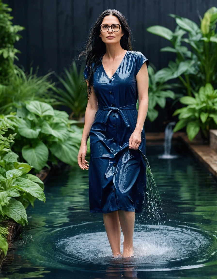 photo of young woman, in soaking wet, drenched clothes,
slippers, midi tight dark blue medical dress with pockets, midi tight dark blue medical dress with pockets, walking in garden submerged in deep water under sprinklers, 
enjoying, wet clothes stuck to body,
detailed textures of the wet clothes, wet face, wet plastered hair,
wet, drenched, professional, high-quality details, full body view.
sharp focus, ultra-high pixel detail, realistic, high-quality, full colors, incredibly detailed, 4k, 8k, 16k, hyper-realistic, RAW photo, masterpiece, ultra-detailed, professionally color graded, professional photograph, woman 51 years old, long black hair, very big and thick lips, office glasses, complete body, open mouth