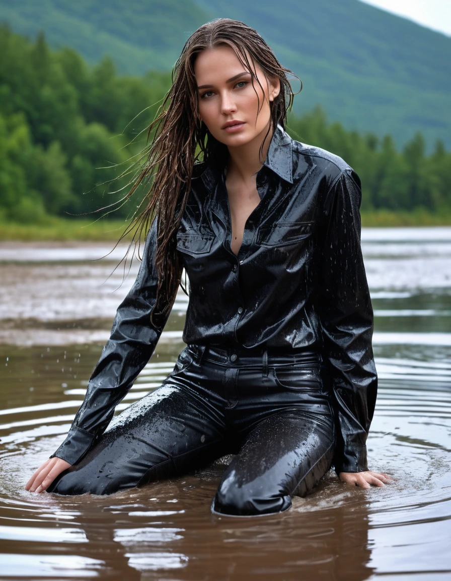 photo of young woman, in soaking wet, drenched clothes,
Muddy black leather knee-high high heeled boots, skin tight black leather jeans, black silk long sleeve leather shirt, Clear Mountain lake with heavy rain, laying submerged in the water, super close up, 
enjoying, wet clothes stuck to body,
detailed textures of the wet clothes, wet face, wet plastered hair,
wet, drenched, professional, high-quality details, full body view.
sharp focus, ultra-high pixel detail, realistic, high-quality, full colors, incredibly detailed, 4k, 8k, 16k, hyper-realistic, RAW photo, masterpiece, ultra-detailed, professionally color graded, professional photograph, white woman, long dripping wet brown hair