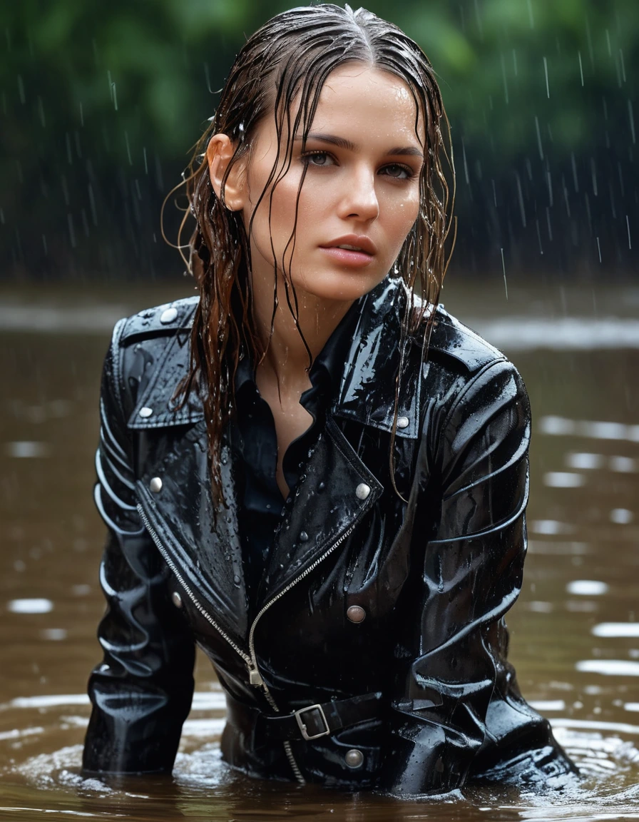 photo of young woman, in soaking wet, drenched clothes,
Muddy black leather knee-high high heeled boots, skin tight black leather jeans, black silk long sleeve leather shirt, black bikers leather jacket, black leather trench coat, Shower, super close up, 
enjoying, wet clothes stuck to body,
detailed textures of the wet clothes, wet face, wet plastered hair,
wet, drenched, professional, high-quality details, full body view.
sharp focus, ultra-high pixel detail, realistic, high-quality, full colors, incredibly detailed, 4k, 8k, 16k, hyper-realistic, RAW photo, masterpiece, ultra-detailed, professionally color graded, professional photograph, white woman, long dripping wet brown hair