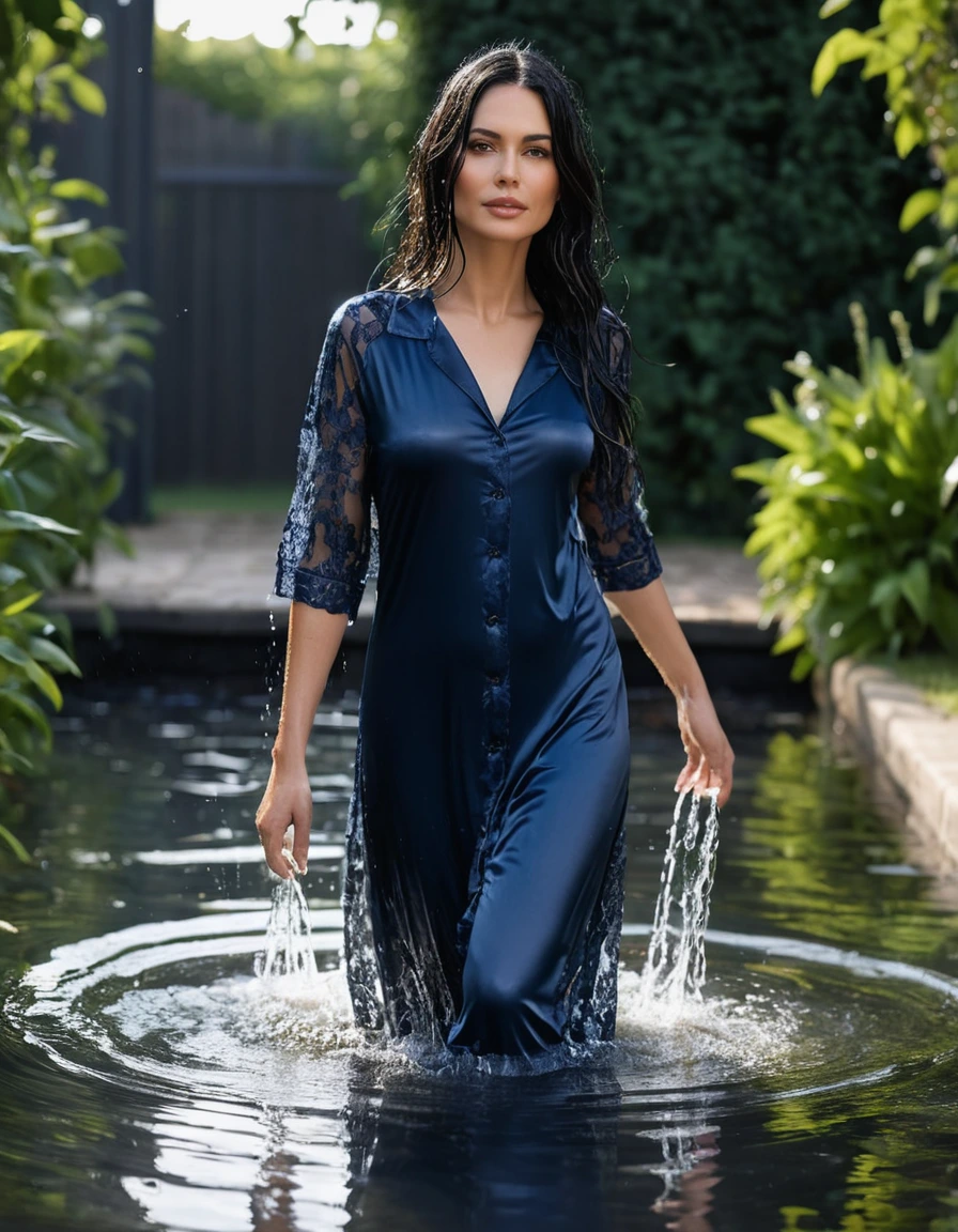 photo of young woman, in soaking wet, drenched clothes,
slippers, maxi tight dark blue silk lace pijama dress, maxi tight dark blue silk lace pijama dress, walking in garden submerged in deep water under sprinklers, 
enjoying, wet clothes stuck to body,
detailed textures of the wet clothes, wet face, wet plastered hair,
wet, drenched, professional, high-quality details, full body view.
sharp focus, ultra-high pixel detail, realistic, high-quality, full colors, incredibly detailed, 4k, 8k, 16k, hyper-realistic, RAW photo, masterpiece, ultra-detailed, professionally color graded, professional photograph, woman 51 years old, long black hair, very big and thick lips, office glasses, complete body, open mouth