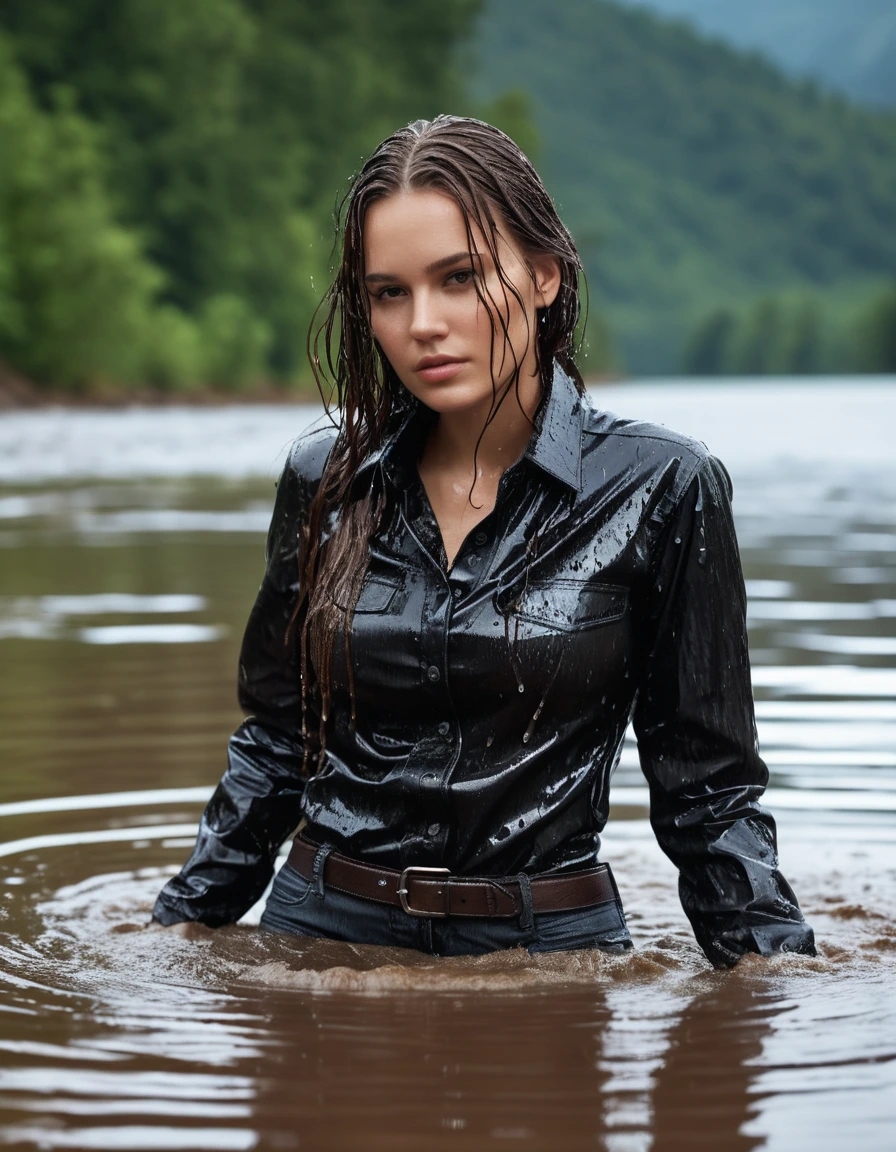 photo of young woman, in soaking wet, drenched clothes,
Muddy black leather knee-high high heeled boots, skin tight black leather jeans, black silk long sleeve leather shirt, Clear Mountain lake with heavy rain, laying submerged in the water, super close up, 
enjoying, wet clothes stuck to body,
detailed textures of the wet clothes, wet face, wet plastered hair,
wet, drenched, professional, high-quality details, full body view.
sharp focus, ultra-high pixel detail, realistic, high-quality, full colors, incredibly detailed, 4k, 8k, 16k, hyper-realistic, RAW photo, masterpiece, ultra-detailed, professionally color graded, professional photograph, white woman, long dripping wet brown hair