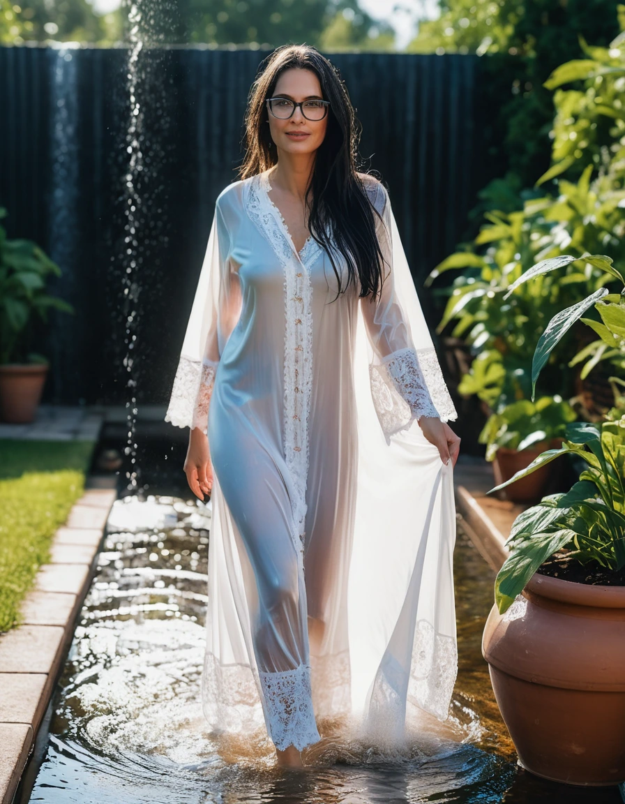 photo of young woman, in soaking wet, drenched clothes,
slippers, maxi tight white silk lace pijama dress, maxi tight white silk lace pijama dress, walking in garden under sprinklers, 
enjoying, wet clothes stuck to body,
detailed textures of the wet clothes, wet face, wet plastered hair,
wet, drenched, professional, high-quality details, full body view.
sharp focus, ultra-high pixel detail, realistic, high-quality, full colors, incredibly detailed, 4k, 8k, 16k, hyper-realistic, RAW photo, masterpiece, ultra-detailed, professionally color graded, professional photograph, woman 51 years old, long black hair, very big and thick lips, office glasses, complete body, open mouth