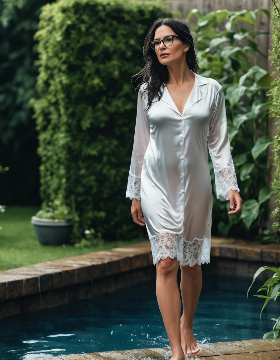 photo of young woman, in soaking wet, drenched clothes,
slippers, midi tight white silk lace pijama dress, midi tight white silk lace pijama dress, walking in garden, 
enjoying, wet clothes stuck to body,
detailed textures of the wet clothes, wet face, wet plastered hair,
wet, drenched, professional, high-quality details, full body view.
sharp focus, ultra-high pixel detail, realistic, high-quality, full colors, incredibly detailed, 4k, 8k, 16k, hyper-realistic, RAW photo, masterpiece, ultra-detailed, professionally color graded, professional photograph, woman 51 years old, long black hair, very big and thick lips, office glasses, complete body, open mouth