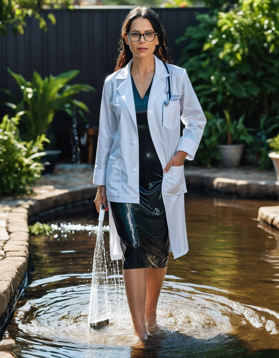 photo of young woman, in soaking wet, drenched clothes,
slippers, midi tight white leather skirt, midi tight white medical labcoat with pockets, walking in garden submerged in deep water under sprinklers, 
enjoying, wet clothes stuck to body,
detailed textures of the wet clothes, wet face, wet plastered hair,
wet, drenched, professional, high-quality details, full body view.
sharp focus, ultra-high pixel detail, realistic, high-quality, full colors, incredibly detailed, 4k, 8k, 16k, hyper-realistic, RAW photo, masterpiece, ultra-detailed, professionally color graded, professional photograph, woman 51 years old, long black hair, very big and thick lips, office glasses, complete body, open mouth