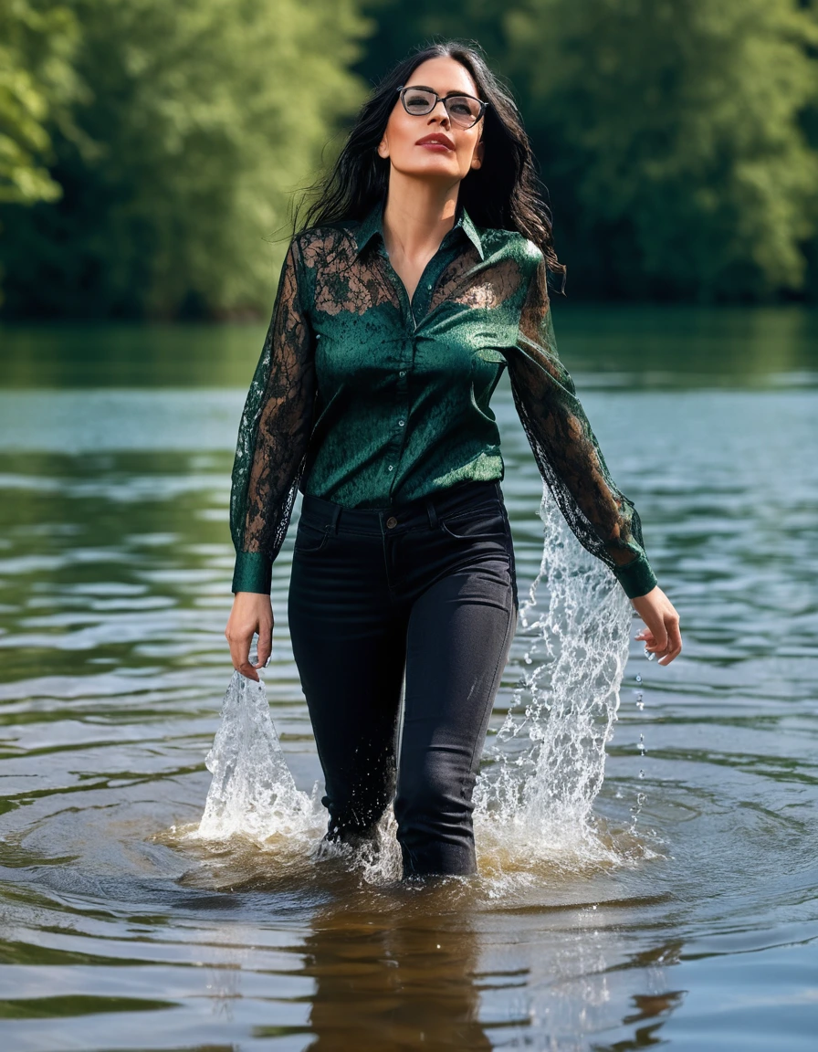 photo of young woman, in soaking wet, drenched clothes,
office shoes , long black tight jeans, dark green silk lace shirt, walking submerged in sunny deep lake, 
enjoying, wet clothes stuck to body,
detailed textures of the wet clothes, wet face, wet plastered hair,
wet, drenched, professional, high-quality details, full body view.
sharp focus, ultra-high pixel detail, realistic, high-quality, full colors, incredibly detailed, 4k, 8k, 16k, hyper-realistic, RAW photo, masterpiece, ultra-detailed, professionally color graded, professional photograph, woman 51 years old, long black hair, very big and thick lips, office glasses, complete body, open mouth