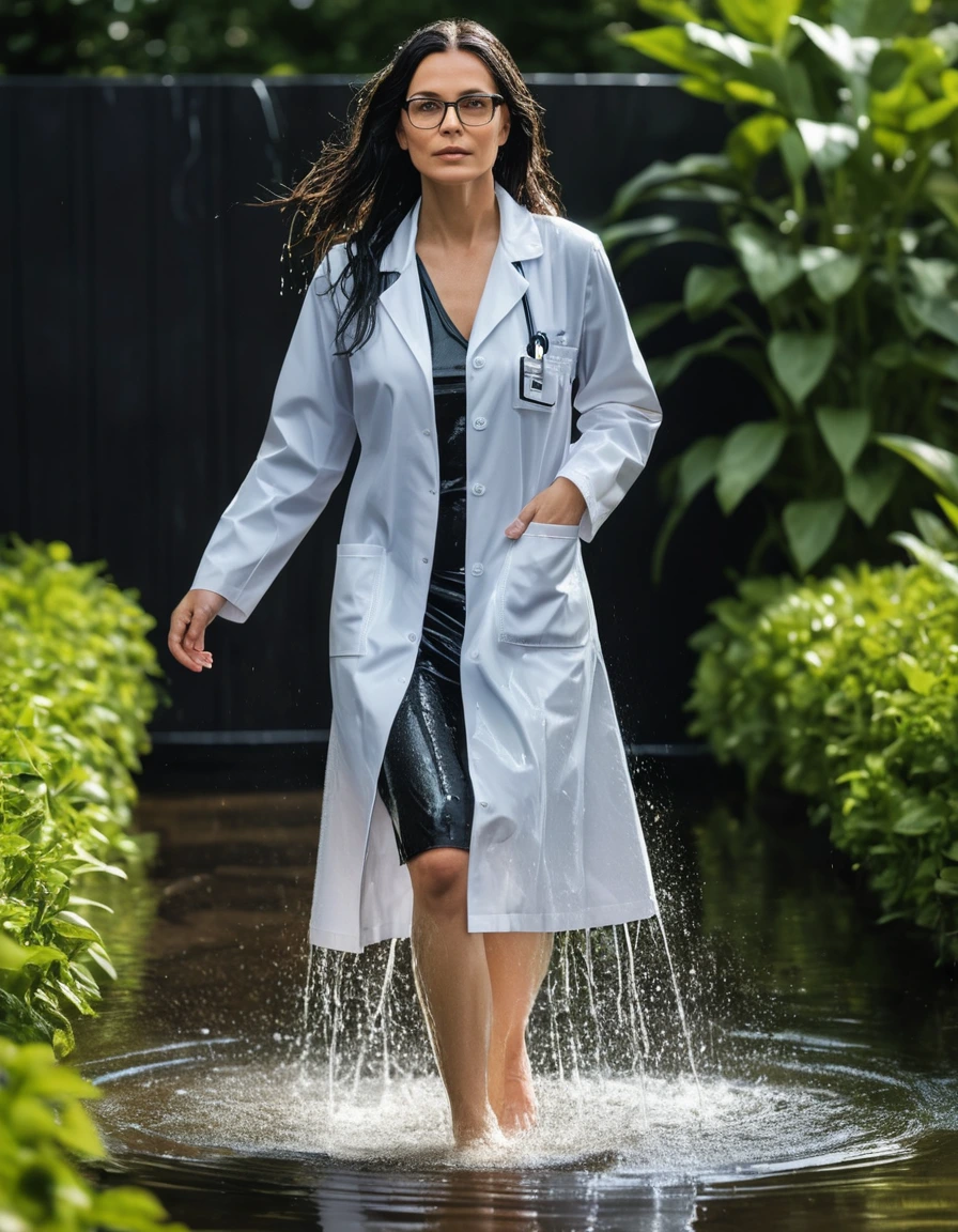 photo of young woman, in soaking wet, drenched clothes,
slippers, midi tight white leather skirt, midi tight white medical labcoat with pockets, walking in garden submerged in deep water under sprinklers, 
enjoying, wet clothes stuck to body,
detailed textures of the wet clothes, wet face, wet plastered hair,
wet, drenched, professional, high-quality details, full body view.
sharp focus, ultra-high pixel detail, realistic, high-quality, full colors, incredibly detailed, 4k, 8k, 16k, hyper-realistic, RAW photo, masterpiece, ultra-detailed, professionally color graded, professional photograph, woman 51 years old, long black hair, very big and thick lips, office glasses, complete body, open mouth
