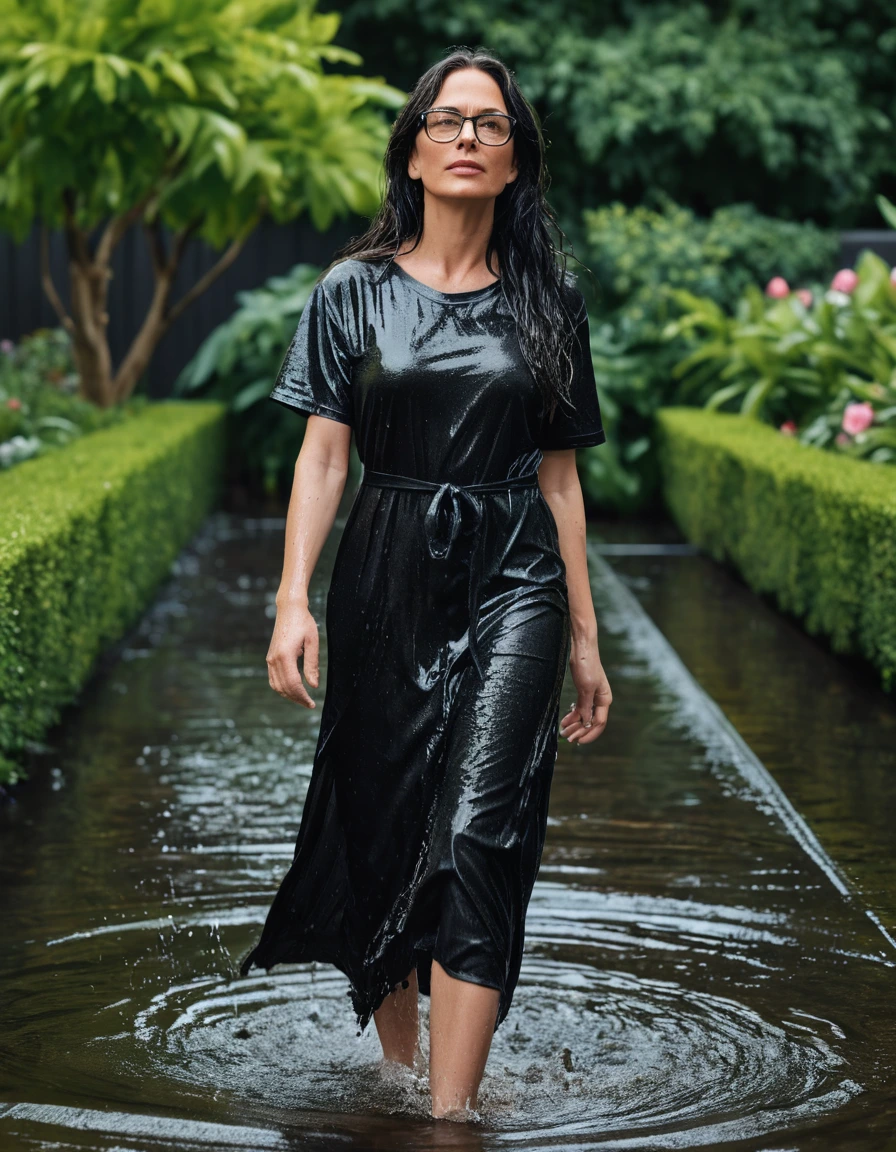 photo of young woman, in soaking wet, drenched clothes,
office shoes , long black t-shirt dress, long black t-shirt dress, walking in garden, 
enjoying, wet clothes stuck to body,
detailed textures of the wet clothes, wet face, wet plastered hair,
wet, drenched, professional, high-quality details, full body view.
sharp focus, ultra-high pixel detail, realistic, high-quality, full colors, incredibly detailed, 4k, 8k, 16k, hyper-realistic, RAW photo, masterpiece, ultra-detailed, professionally color graded, professional photograph, woman 51 years old, long black hair, very big and thick lips, office glasses, complete body, open mouth