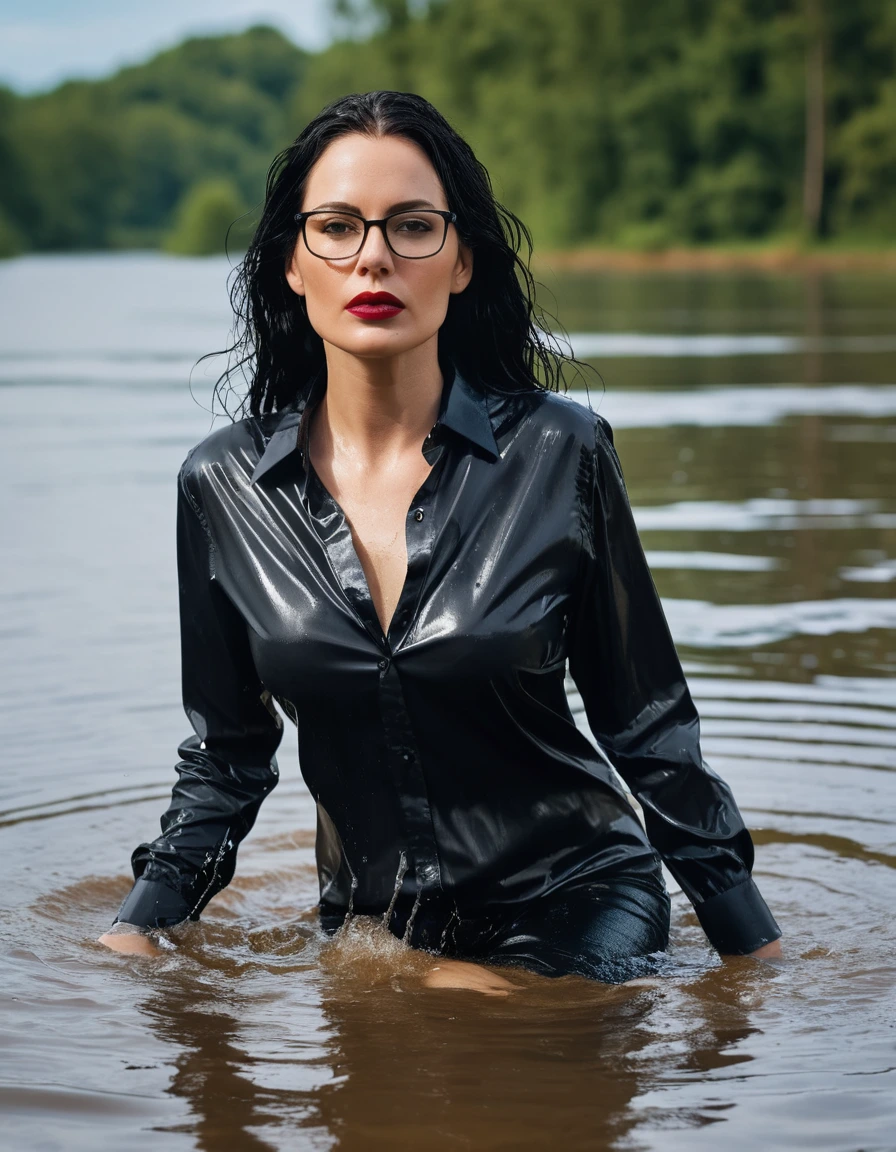 photo of young woman, in soaking wet, drenched clothes,
office shoes , long black tight jeans, black silk satin shirt, walking submerged in deep sunny lake, 
enjoying, wet clothes stuck to body,
detailed textures of the wet clothes, wet face, wet plastered hair,
wet, drenched, professional, high-quality details, full body view.
sharp focus, ultra-high pixel detail, realistic, high-quality, full colors, incredibly detailed, 4k, 8k, 16k, hyper-realistic, RAW photo, masterpiece, ultra-detailed, professionally color graded, professional photograph, woman 51 years old, long black hair, very big and thick lips, office glasses, complete body, open mouth