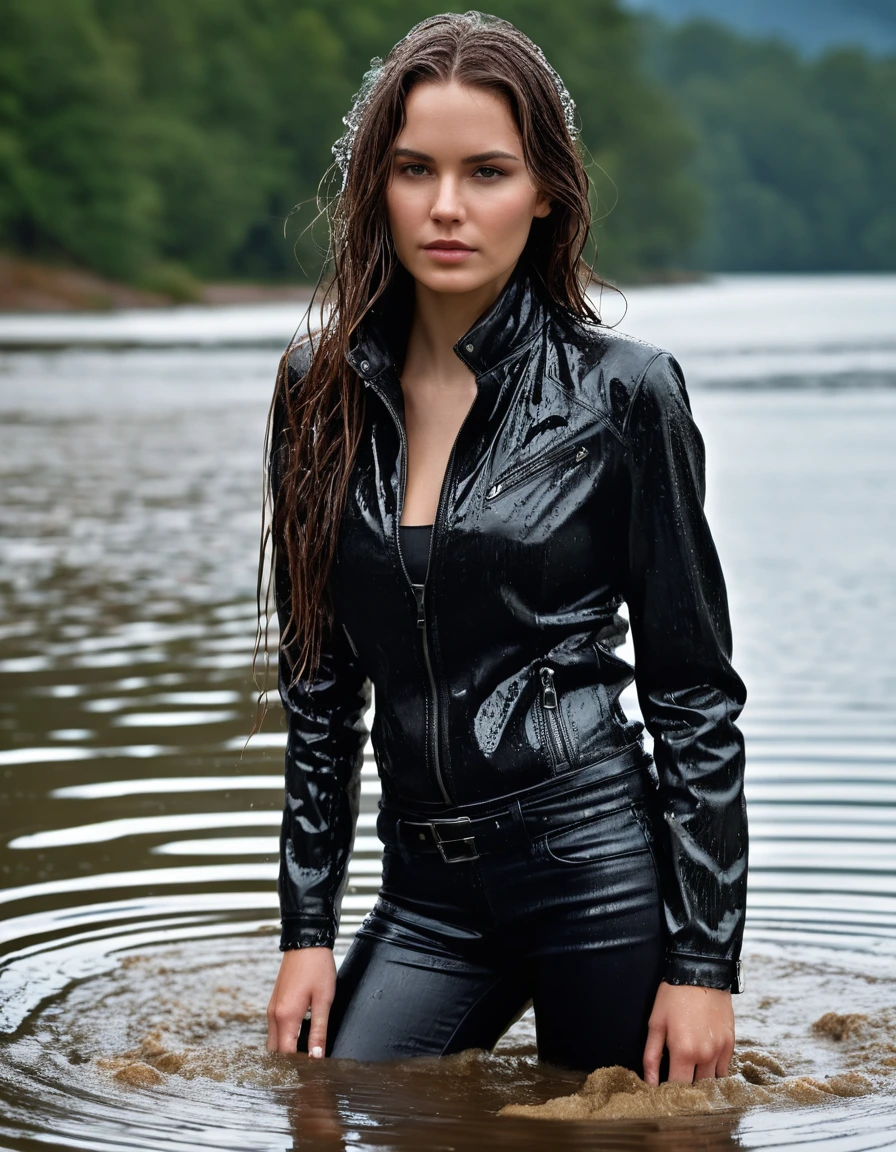 photo of young woman, in soaking wet, drenched clothes,
Muddy black leather knee-high high heeled boots, skin tight black leather jeans, black silk long sleeve polar neck shirt, black bikers leather jacket, Clear Mountain lake with heavy rain, super close up, 
enjoying, wet clothes stuck to body,
detailed textures of the wet clothes, wet face, wet plastered hair,
wet, drenched, professional, high-quality details, full body view.
sharp focus, ultra-high pixel detail, realistic, high-quality, full colors, incredibly detailed, 4k, 8k, 16k, hyper-realistic, RAW photo, masterpiece, ultra-detailed, professionally color graded, professional photograph, white woman, long dripping wet brown hair