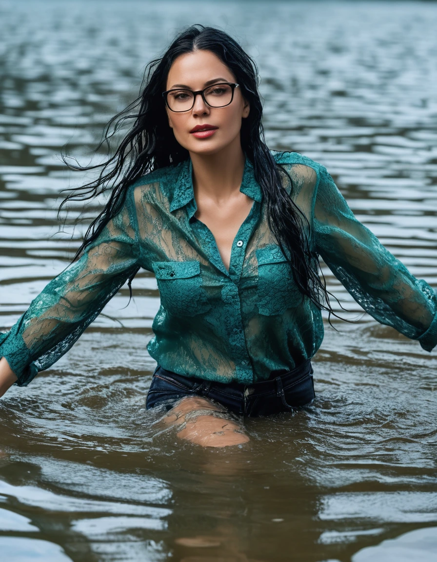 photo of young woman, in soaking wet, drenched clothes,
office shoes , long light blue tight jeans, dark green silk lace shirt, walking submerged in sunny deep lake, 
enjoying, wet clothes stuck to body,
detailed textures of the wet clothes, wet face, wet plastered hair,
wet, drenched, professional, high-quality details, full body view.
sharp focus, ultra-high pixel detail, realistic, high-quality, full colors, incredibly detailed, 4k, 8k, 16k, hyper-realistic, RAW photo, masterpiece, ultra-detailed, professionally color graded, professional photograph, woman 51 years old, long black hair, very big and thick lips, office glasses, complete body, open mouth