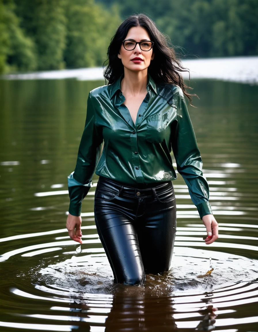 photo of young woman, in soaking wet, drenched clothes,
office shoes , long black tight leather jeans, dark green silk lace shirt, walking submerged in sunny deep lake, 
enjoying, wet clothes stuck to body,
detailed textures of the wet clothes, wet face, wet plastered hair,
wet, drenched, professional, high-quality details, full body view.
sharp focus, ultra-high pixel detail, realistic, high-quality, full colors, incredibly detailed, 4k, 8k, 16k, hyper-realistic, RAW photo, masterpiece, ultra-detailed, professionally color graded, professional photograph, woman 51 years old, long black hair, very big and thick lips, office glasses, complete body, open mouth