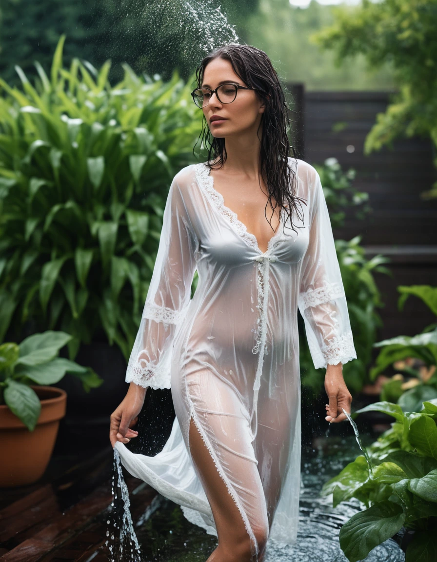 photo of young woman, in soaking wet, drenched clothes,
slippers, maxi tight white silk lace pijama dress, maxi tight white silk lace pijama dress, walking in garden under sprinklers, 
enjoying, wet clothes stuck to body,
detailed textures of the wet clothes, wet face, wet plastered hair,
wet, drenched, professional, high-quality details, full body view.
sharp focus, ultra-high pixel detail, realistic, high-quality, full colors, incredibly detailed, 4k, 8k, 16k, hyper-realistic, RAW photo, masterpiece, ultra-detailed, professionally color graded, professional photograph, woman 51 years old, long black hair, very big and thick lips, office glasses, complete body, open mouth