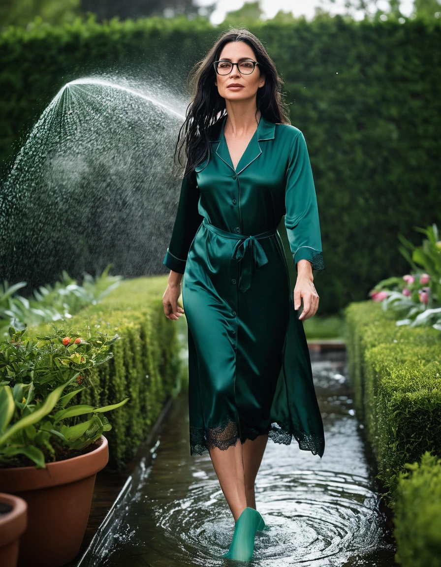 photo of young woman, in soaking wet, drenched clothes,
slippers, midi tight dark green silk lace pijama dress, midi tight dark green silk lace pijama dress, walking in garden under sprinklers, 
enjoying, wet clothes stuck to body,
detailed textures of the wet clothes, wet face, wet plastered hair,
wet, drenched, professional, high-quality details, full body view.
sharp focus, ultra-high pixel detail, realistic, high-quality, full colors, incredibly detailed, 4k, 8k, 16k, hyper-realistic, RAW photo, masterpiece, ultra-detailed, professionally color graded, professional photograph, woman 51 years old, long black hair, very big and thick lips, office glasses, complete body, open mouth
