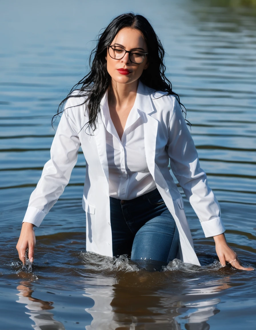 photo of young woman, in soaking wet, drenched clothes,
office shoes , long light blue tight jeans, white silk satin shirt, white labcoat, walking submerged in deep sunny lake, 
enjoying, wet clothes stuck to body,
detailed textures of the wet clothes, wet face, wet plastered hair,
wet, drenched, professional, high-quality details, full body view.
sharp focus, ultra-high pixel detail, realistic, high-quality, full colors, incredibly detailed, 4k, 8k, 16k, hyper-realistic, RAW photo, masterpiece, ultra-detailed, professionally color graded, professional photograph, woman 51 years old, long black hair, very big and thick lips, office glasses, complete body, open mouth