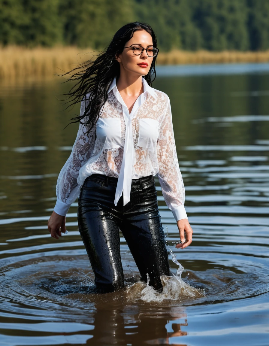 photo of young woman, in soaking wet, drenched clothes,
office shoes , long black white jeans, white silk lace shirt, walking submerged in sunny deep lake, 
enjoying, wet clothes stuck to body,
detailed textures of the wet clothes, wet face, wet plastered hair,
wet, drenched, professional, high-quality details, full body view.
sharp focus, ultra-high pixel detail, realistic, high-quality, full colors, incredibly detailed, 4k, 8k, 16k, hyper-realistic, RAW photo, masterpiece, ultra-detailed, professionally color graded, professional photograph, woman 51 years old, long black hair, very big and thick lips, office glasses, complete body, open mouth