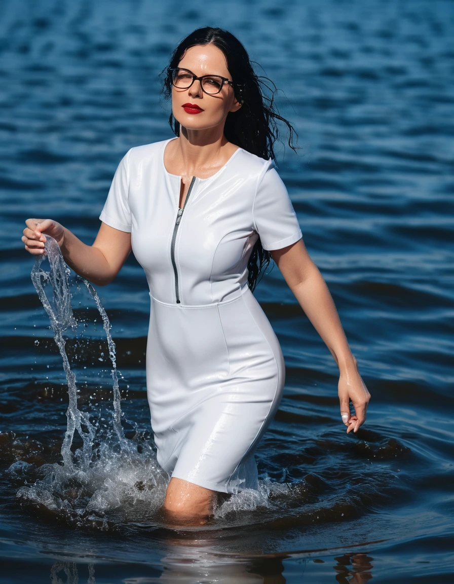 photo of young woman, in soaking wet, drenched clothes,
slippers, midi tight white medical dress with zipper, midi tight white medical dress with zipper, walking submerged in deep sunny lake, 
enjoying, wet clothes stuck to body,
detailed textures of the wet clothes, wet face, wet plastered hair,
wet, drenched, professional, high-quality details, full body view.
sharp focus, ultra-high pixel detail, realistic, high-quality, full colors, incredibly detailed, 4k, 8k, 16k, hyper-realistic, RAW photo, masterpiece, ultra-detailed, professionally color graded, professional photograph, woman 51 years old, long black hair, very big and thick lips, office glasses, complete body, open mouth