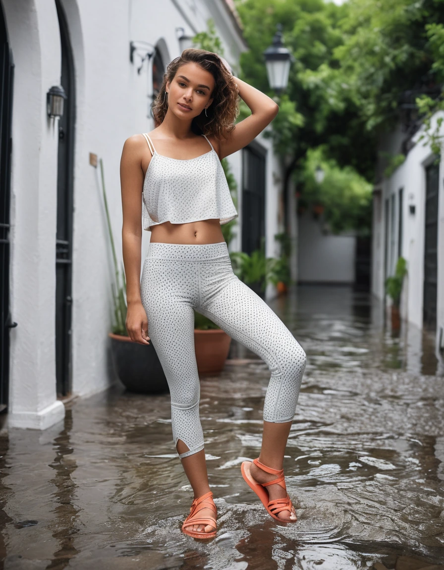 photo of young woman, in soaking wet, drenched clothes,
coral-colored strappy sandals, white capri dotted leggings, | sleeveless, fitted, coral-colored crop top, outdoors on a stone-paved street or courtyard, 
enjoying, wet clothes stuck to body,
detailed textures of the wet clothes, wet face, wet plastered hair,
wet, drenched, professional, high-quality details, full body view.
sharp focus, ultra-high pixel detail, realistic, high-quality, full colors, incredibly detailed, 4k, 8k, 16k, hyper-realistic, RAW photo, masterpiece, ultra-detailed, professionally color graded, professional photograph
