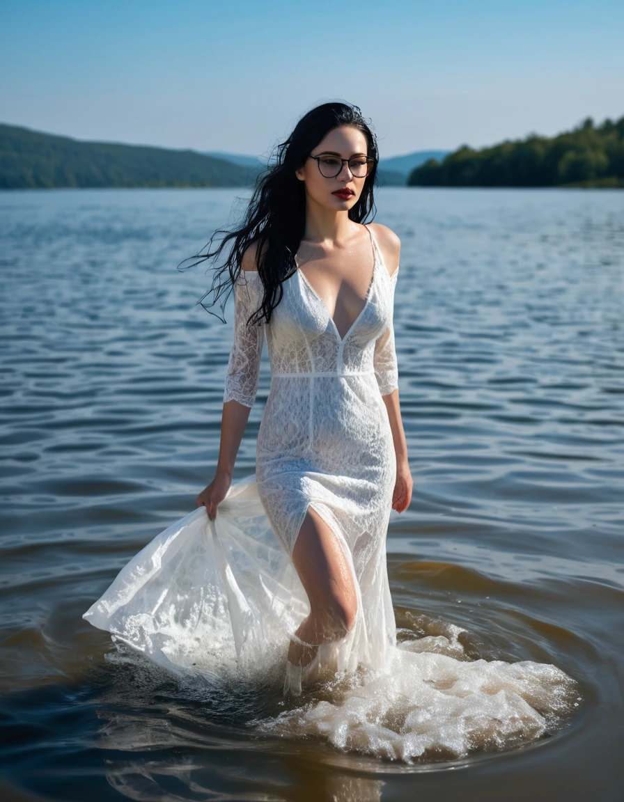 photo of young woman, in soaking wet, drenched clothes,
slippers, maxi tight white silk lace dress, maxi tight white silk lace dress, walking submerged in deep sunny lake, 
enjoying, wet clothes stuck to body,
detailed textures of the wet clothes, wet face, wet plastered hair,
wet, drenched, professional, high-quality details, full body view.
sharp focus, ultra-high pixel detail, realistic, high-quality, full colors, incredibly detailed, 4k, 8k, 16k, hyper-realistic, RAW photo, masterpiece, ultra-detailed, professionally color graded, professional photograph, woman 51 years old, long black hair, very big and thick lips, office glasses, complete body, open mouth