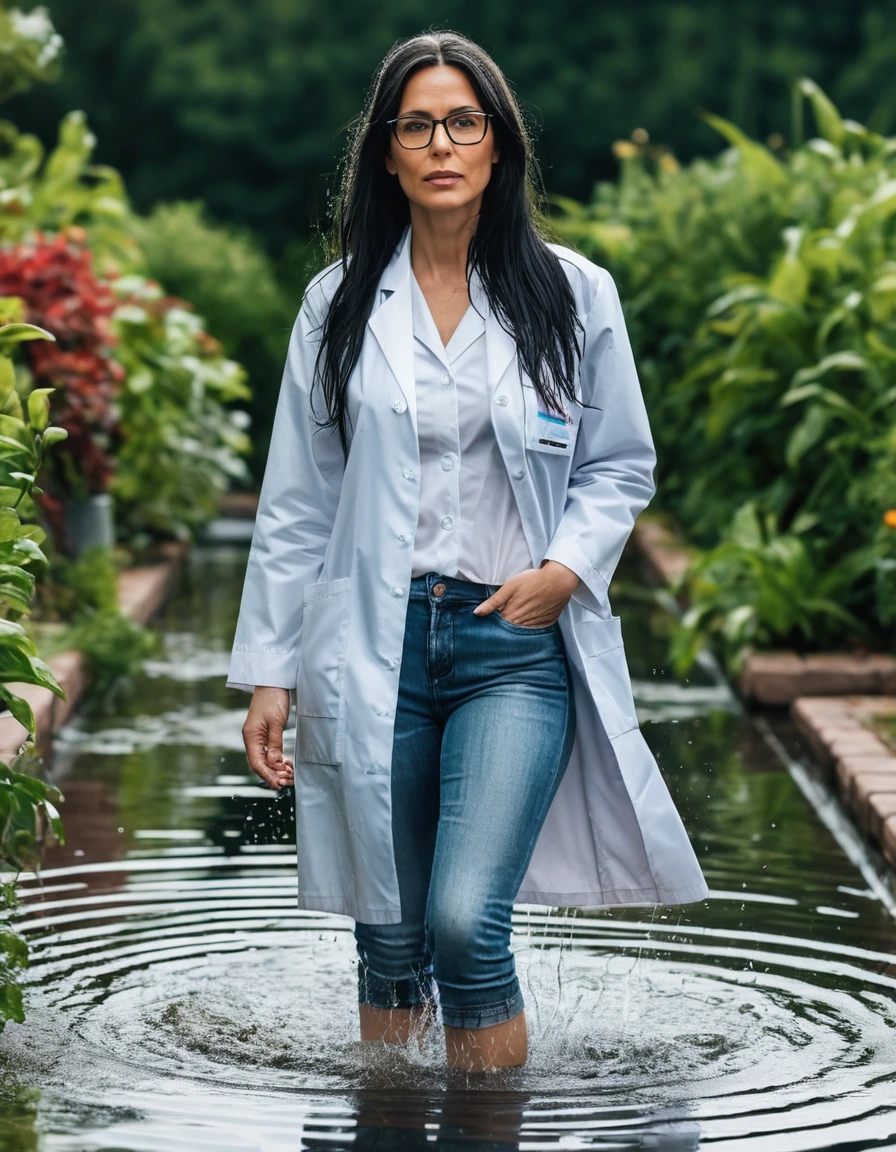 photo of young woman, in soaking wet, drenched clothes,
slippers, long tight light blue jeans, midi tight white medical labcoat with pockets, walking in garden submerged in deep water under sprinklers, 
enjoying, wet clothes stuck to body,
detailed textures of the wet clothes, wet face, wet plastered hair,
wet, drenched, professional, high-quality details, full body view.
sharp focus, ultra-high pixel detail, realistic, high-quality, full colors, incredibly detailed, 4k, 8k, 16k, hyper-realistic, RAW photo, masterpiece, ultra-detailed, professionally color graded, professional photograph, woman 51 years old, long black hair, very big and thick lips, office glasses, complete body, open mouth