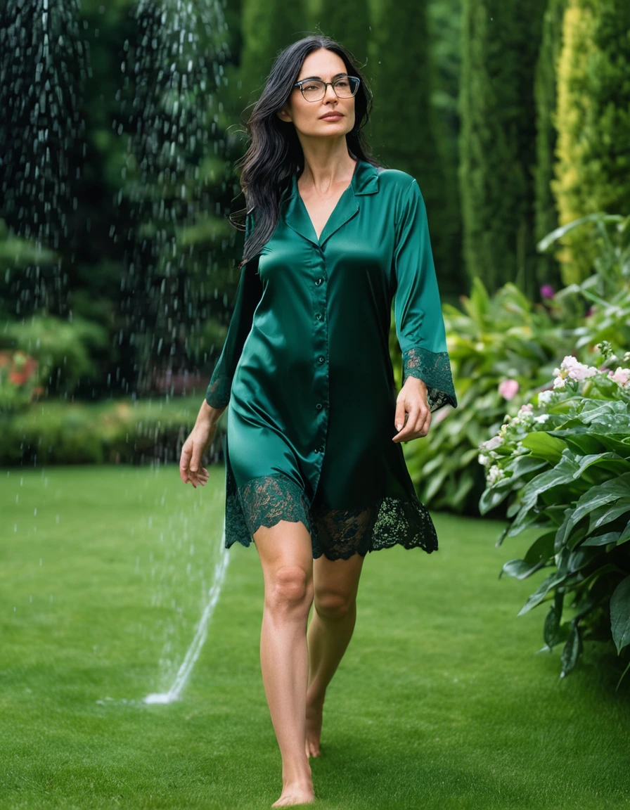 photo of young woman, in soaking wet, drenched clothes,
slippers, midi tight dark green silk lace pijama dress, midi tight dark green silk lace pijama dress, walking in garden under sprinklers, 
enjoying, wet clothes stuck to body,
detailed textures of the wet clothes, wet face, wet plastered hair,
wet, drenched, professional, high-quality details, full body view.
sharp focus, ultra-high pixel detail, realistic, high-quality, full colors, incredibly detailed, 4k, 8k, 16k, hyper-realistic, RAW photo, masterpiece, ultra-detailed, professionally color graded, professional photograph, woman 51 years old, long black hair, very big and thick lips, office glasses, complete body, open mouth