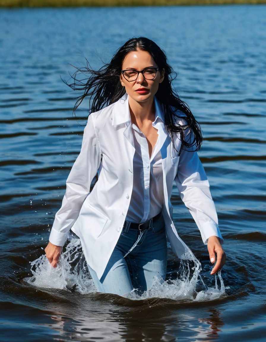 photo of young woman, in soaking wet, drenched clothes,
office shoes , long light blue tight jeans, white silk satin shirt, white labcoat, walking submerged in deep sunny lake, 
enjoying, wet clothes stuck to body,
detailed textures of the wet clothes, wet face, wet plastered hair,
wet, drenched, professional, high-quality details, full body view.
sharp focus, ultra-high pixel detail, realistic, high-quality, full colors, incredibly detailed, 4k, 8k, 16k, hyper-realistic, RAW photo, masterpiece, ultra-detailed, professionally color graded, professional photograph, woman 51 years old, long black hair, very big and thick lips, office glasses, complete body, open mouth