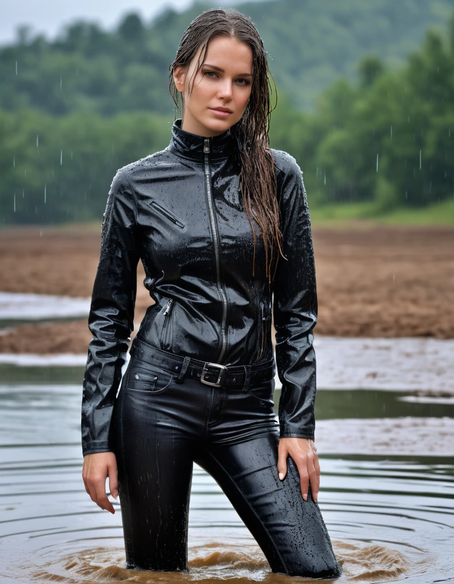 photo of young woman, in soaking wet, drenched clothes,
Muddy black leather knee-high high heeled boots, skin tight black leather jeans, black silk long sleeve polar neck shirt, black bikers leather jacket, Clear Mountain lake with heavy rain, super close up, 
enjoying, wet clothes stuck to body,
detailed textures of the wet clothes, wet face, wet plastered hair,
wet, drenched, professional, high-quality details, full body view.
sharp focus, ultra-high pixel detail, realistic, high-quality, full colors, incredibly detailed, 4k, 8k, 16k, hyper-realistic, RAW photo, masterpiece, ultra-detailed, professionally color graded, professional photograph, white woman, long dripping wet brown hair