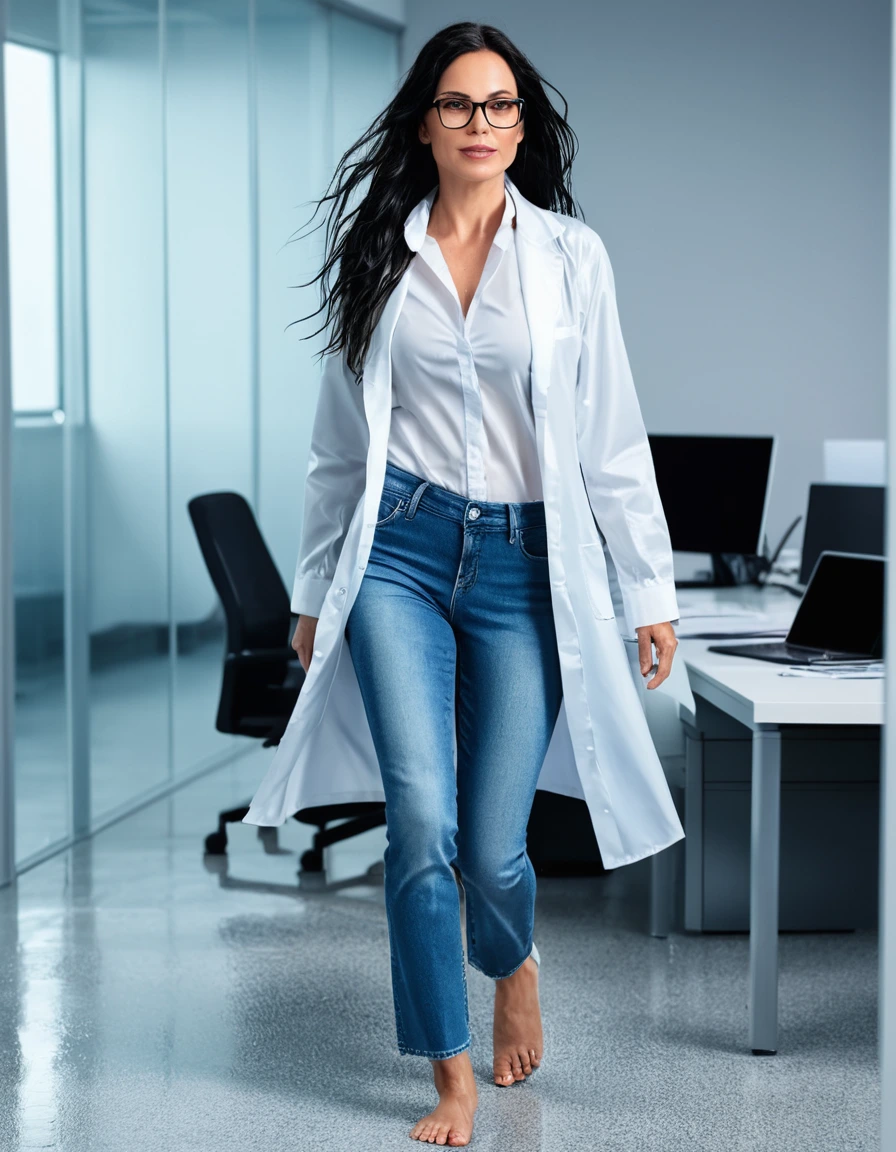 photo of young woman, in soaking wet, drenched clothes,
office shoes , long light blue tight jeans, white silk satin shirt, white labcoat, walking in the office, 
enjoying, wet clothes stuck to body,
detailed textures of the wet clothes, wet face, wet plastered hair,
wet, drenched, professional, high-quality details, full body view.
sharp focus, ultra-high pixel detail, realistic, high-quality, full colors, incredibly detailed, 4k, 8k, 16k, hyper-realistic, RAW photo, masterpiece, ultra-detailed, professionally color graded, professional photograph, woman 51 years old, long black hair, very big and thick lips, office glasses, complete body, open mouth