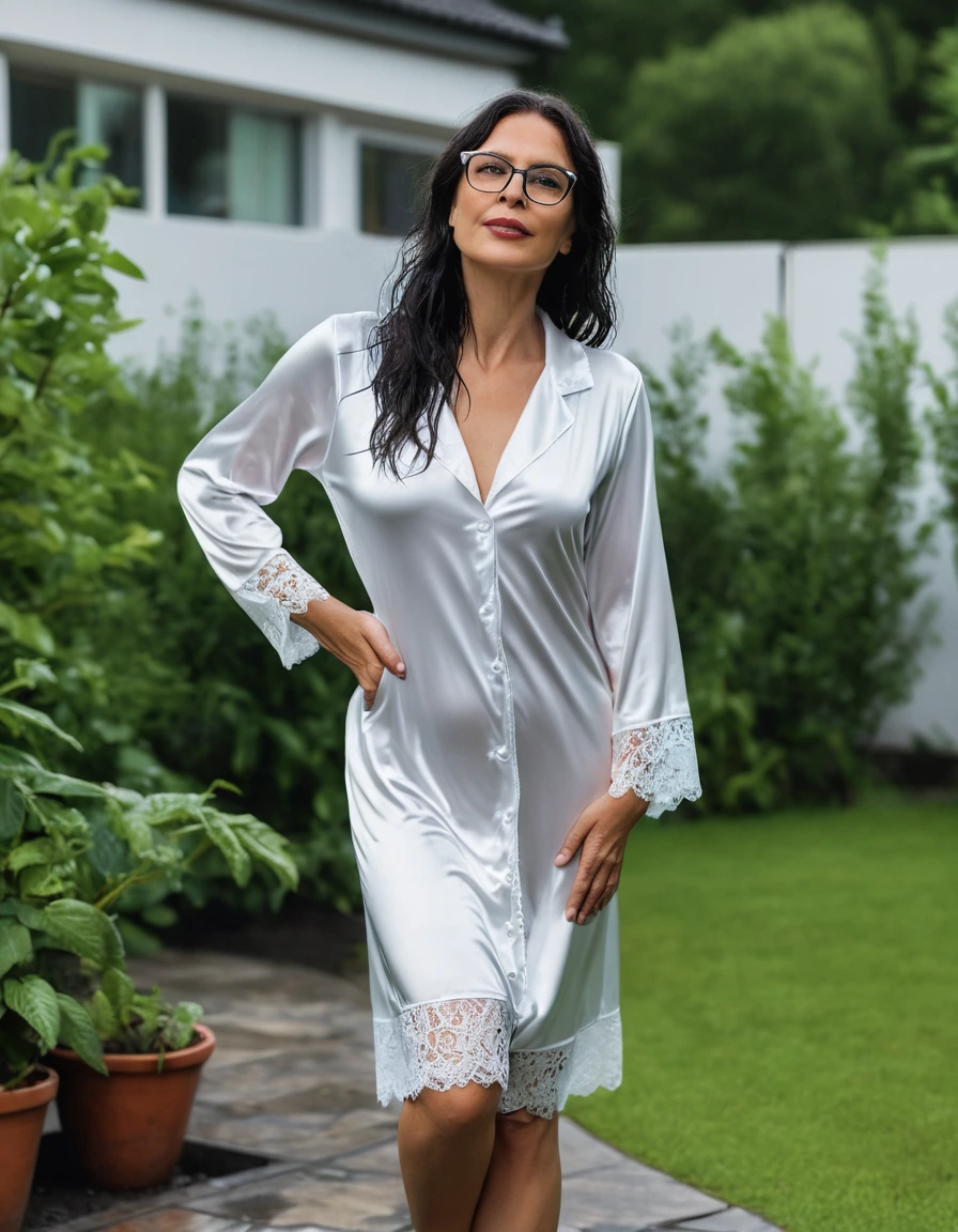 photo of young woman, in soaking wet, drenched clothes,
slippers, midi tight white silk lace pijama dress, midi tight white silk lace pijama dress, walking in garden, 
enjoying, wet clothes stuck to body,
detailed textures of the wet clothes, wet face, wet plastered hair,
wet, drenched, professional, high-quality details, full body view.
sharp focus, ultra-high pixel detail, realistic, high-quality, full colors, incredibly detailed, 4k, 8k, 16k, hyper-realistic, RAW photo, masterpiece, ultra-detailed, professionally color graded, professional photograph, woman 51 years old, long black hair, very big and thick lips, office glasses, complete body, open mouth