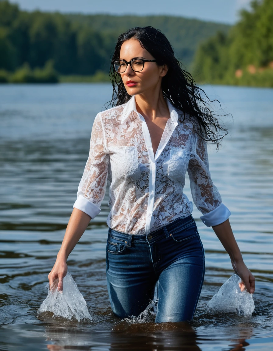 photo of young woman, in soaking wet, drenched clothes,
office shoes , long blue tight jeans, white silk lace shirt, walking submerged in sunny deep lake, 
enjoying, wet clothes stuck to body,
detailed textures of the wet clothes, wet face, wet plastered hair,
wet, drenched, professional, high-quality details, full body view.
sharp focus, ultra-high pixel detail, realistic, high-quality, full colors, incredibly detailed, 4k, 8k, 16k, hyper-realistic, RAW photo, masterpiece, ultra-detailed, professionally color graded, professional photograph, woman 51 years old, long black hair, very big and thick lips, office glasses, complete body, open mouth