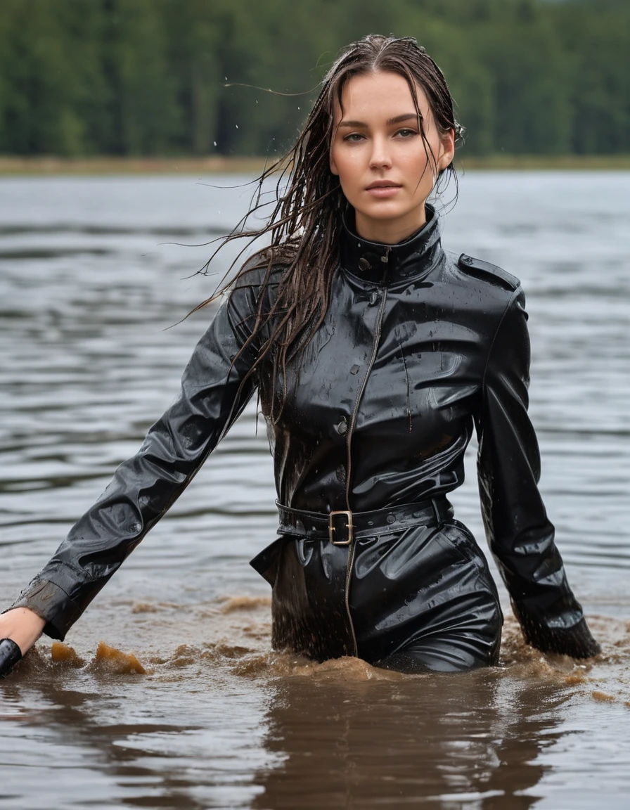 photo of young woman, in soaking wet, drenched clothes,
Muddy black leather knee-high high heeled boots, skin tight black leather jeans, black silk long sleeve polar neck shirt, black leather trench coat, Clear Mountain lake with heavy rain, laying submerged in the water, super close up, 
enjoying, wet clothes stuck to body,
detailed textures of the wet clothes, wet face, wet plastered hair,
wet, drenched, professional, high-quality details, full body view.
sharp focus, ultra-high pixel detail, realistic, high-quality, full colors, incredibly detailed, 4k, 8k, 16k, hyper-realistic, RAW photo, masterpiece, ultra-detailed, professionally color graded, professional photograph, white woman, long dripping wet brown hair