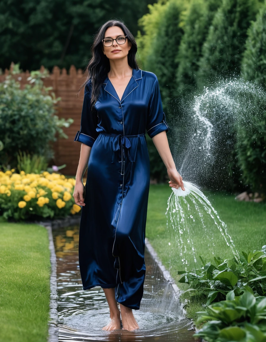 photo of young woman, in soaking wet, drenched clothes,
slippers, maxi tight dark blue silk satin lace pijama dress, maxi dark blue silk satin lace pijama dress, walking in garden under sprinklers, 
enjoying, wet clothes stuck to body,
detailed textures of the wet clothes, wet face, wet plastered hair,
wet, drenched, professional, high-quality details, full body view.
sharp focus, ultra-high pixel detail, realistic, high-quality, full colors, incredibly detailed, 4k, 8k, 16k, hyper-realistic, RAW photo, masterpiece, ultra-detailed, professionally color graded, professional photograph, woman 51 years old, long black hair, very big and thick lips, office glasses, complete body, open mouth
